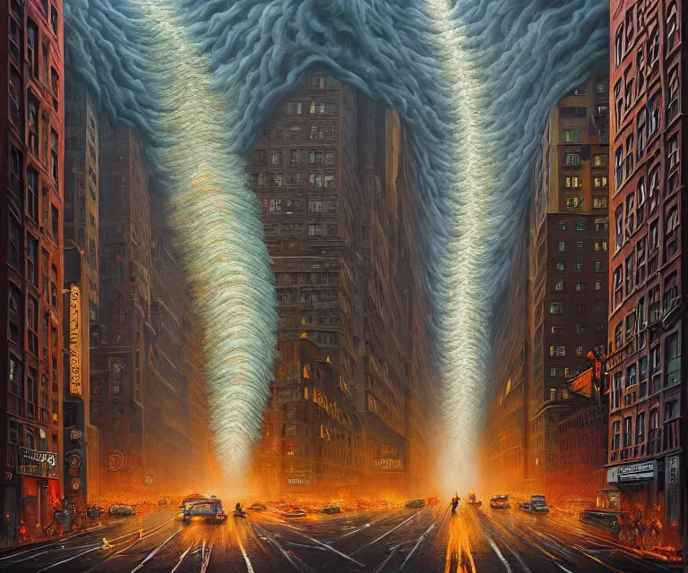 Prompt: hyper detailed 3d render like a Oil painting - a raging tornado over the streets of new york city, by Jacek Yerka, Mariusz Lewandowski, Houdini algorithmic generative render, Abstract brush strokes, Masterpiece, Edward Hopper and James Gilleard, Zdzislaw Beksinski, Mark Ryden, Wolfgang Lettl, hints of Yayoi Kasuma, octane render, 8k