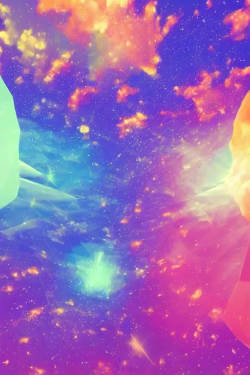 Prompt: geometric 3 d render soft bright pastel rainbow fireball mountains surrounding stars