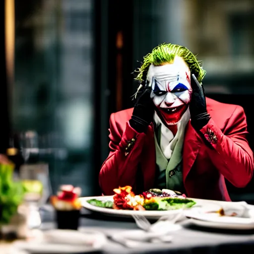 Image similar to heath ledger joker eating at a fancy restaurant with deadpool, 85mm f/1.4