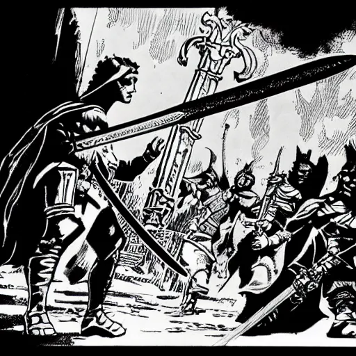 Image similar to A sword stuck in the ground. Close Up Shot, Dark Fantasy, Film Noir, Black and White. High Contrast, Mike Mignola, D&D, OSR