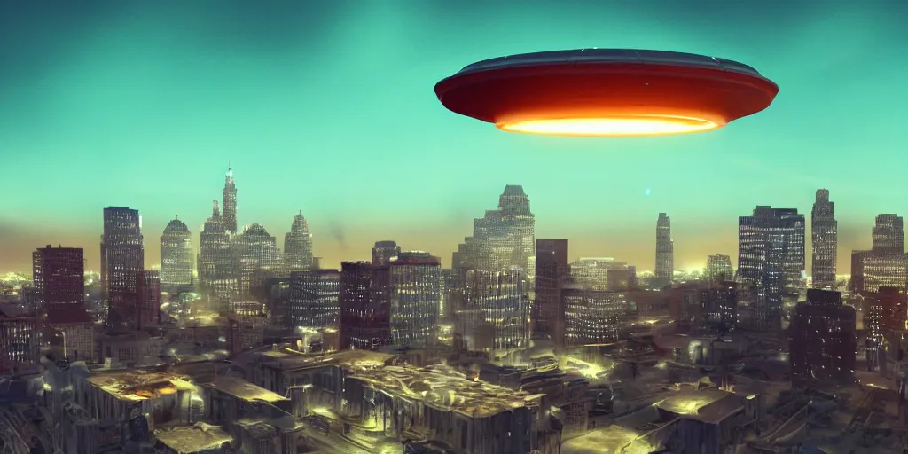 Prompt: a pfotograph of an ufo over detroit, movie poster, rule of threes, film photography, 3 d render, trending on artstation, 3 d society, neon ligths, futurism