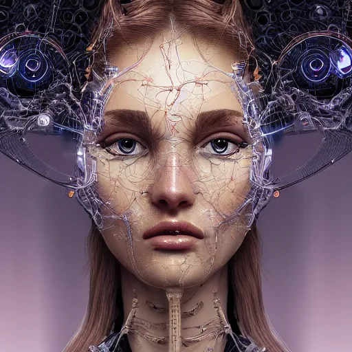 Prompt: very beautiful woman integrating with technology, full face frontal centered, portrait, insipiring, detailed intricate ornate cables connected to head, big open electric eyes, luxurious detailed abundent wiring and implants, renaissance, sci - fi, detailed technology background with cyber flowers and insects, dramatic lighting, photography, highly detailed, artstation, 8 k,