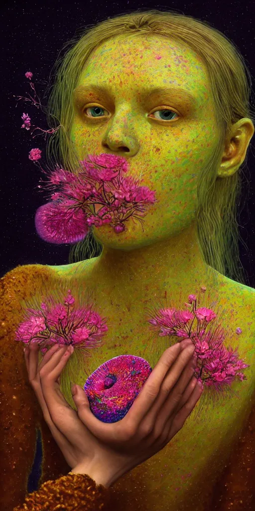 Image similar to hyper detailed 3d render like a Oil painting - portrait sculpt of Aurora (Singer) seen Eating of the Strangling network of yellowcake aerochrome and milky Fruit that covers her body and Her delicate Hands hold of gossamer polyp blossoms bring iridescent fungal flowers whose spores black the foolish stars by Jacek Yerka, Mariusz Lewandowski, Houdini algorithmic generative render, Abstract brush strokes, Masterpiece, Edward Hopper and James Gilleard, Zdzislaw Beksinski, Mark Ryden, Wolfgang Lettl, hints of Yayoi Kasuma, octane render, 8k