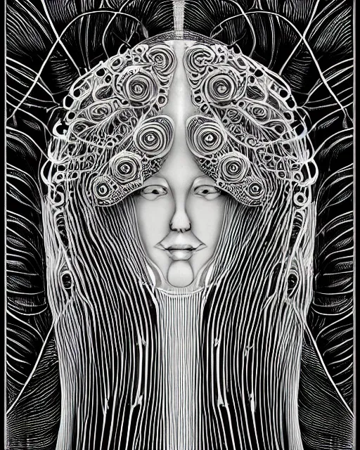 Image similar to mythical dreamy black and white organic bio - mechanical spinal ribbed profile face portrait detail of beautiful intricate monochrome angelic - human - queen - vegetal - cyborg, highly detailed, intricate translucent jellyfish ornate, poetic, translucent microchip ornate, artistic lithography