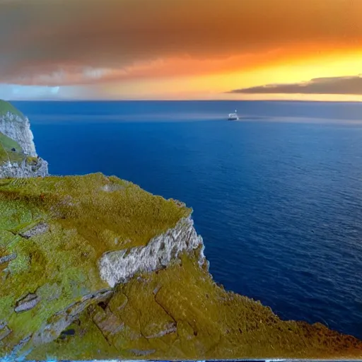 Image similar to micro - hurricane, blue hour, early night, deep blue atmosphere, scattered islands, sea, ocean, low pressure system, cloud with eye, very windy, late evening, distant hotel retreat on cliffside, shining lights on cliff side, polaroid photograph