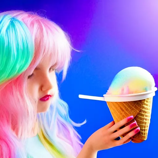 Image similar to an ultra high definition pastel coloured photograph of a real life unicorn eating and ice cream. refraction, volumetric lighting iridescence.