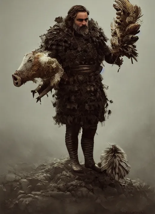 Image similar to joaquin phoenix with an armor made of animals, cow horns, pig nose, sheep wool, chicken feather armor, majestic, by anna podedworna, by miklos ligeti, by diego maricato, by taran fiddler, by antonino truisi, by chris reddie, by jinsung lim, trending on artstation