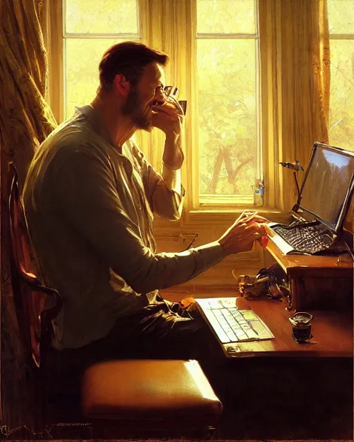 Image similar to attractive 4 5 year old man typing away at his desktop computer, watching the screen gleefully, golden hour painting by gaston bussiere, craig mullins, j. c. leyendecker