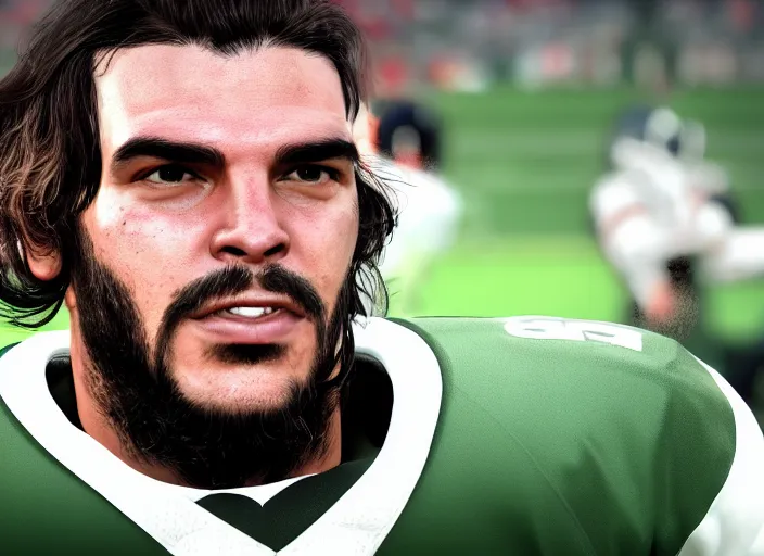 Prompt: facial portrait of a football player on the sidelines, quarterback che guevara, reddit contest winner, madden 2 1, ps 4, character design