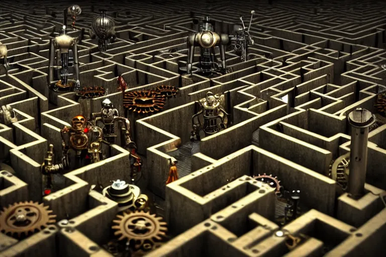 Prompt: steampunk robots in a maze by otto dix, tilt shift, ultra realistic, unreal engine, trending on artstation, 4 k