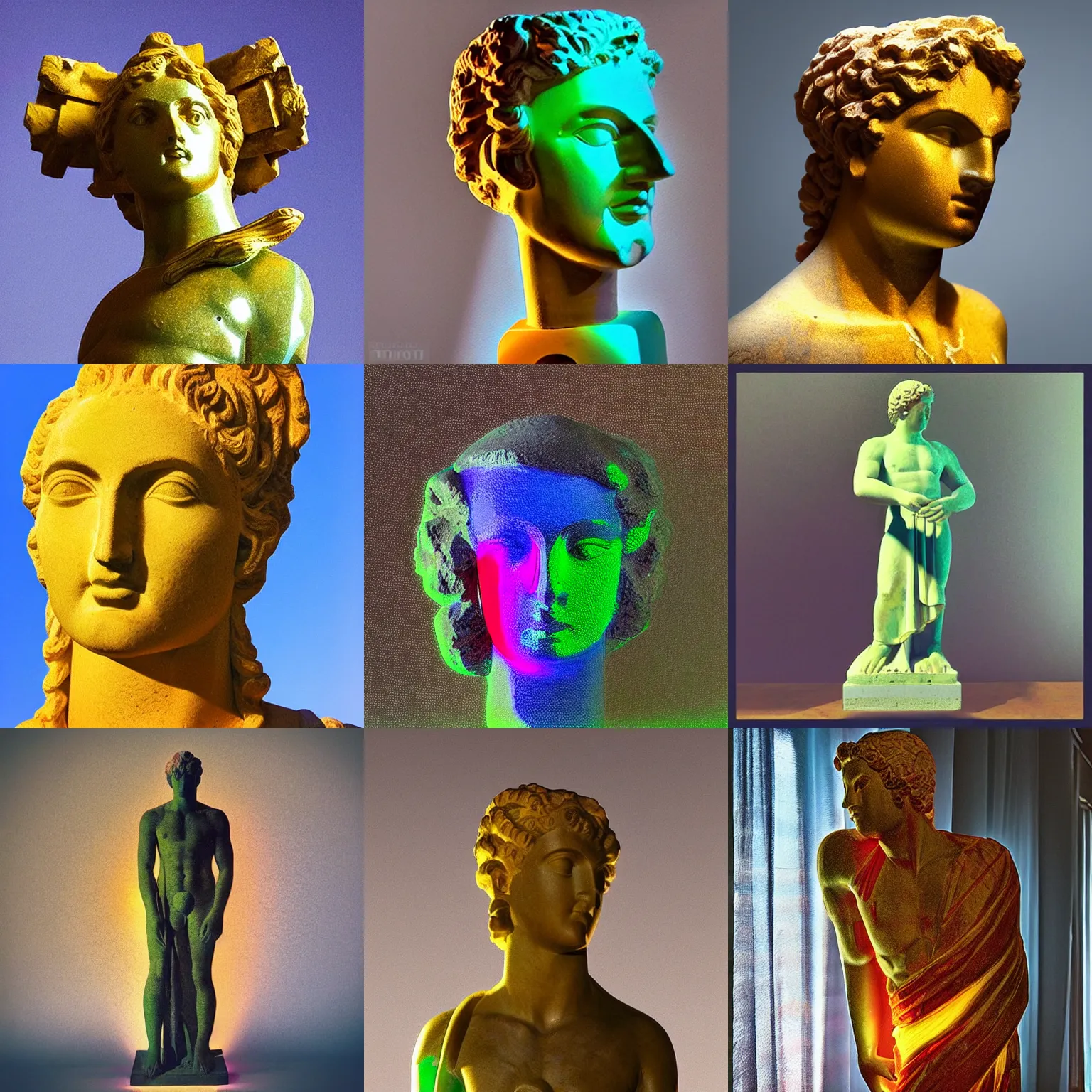 Prompt: “Apollo statue, glued of color glass cubes, 4k photo, great light and shadows”