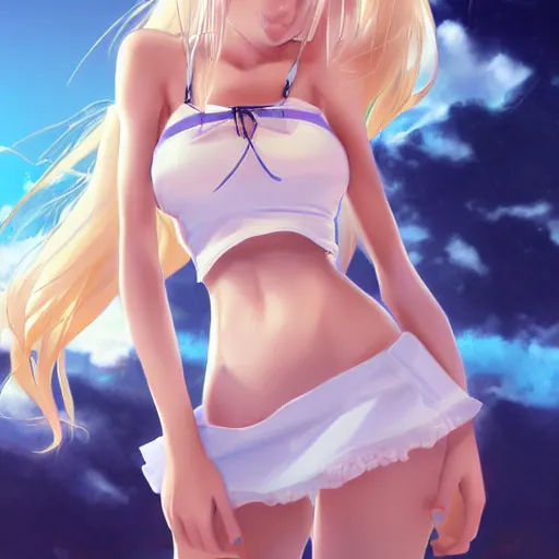 Prompt: tiny father a detailed very beautiful tall daughter picture : a detailed very beautiful young blond anime girl, detailed sky blue eyes, bikini, white miniskirt, highly detailed, cinematic wallpaper by stanley artgerm lau
