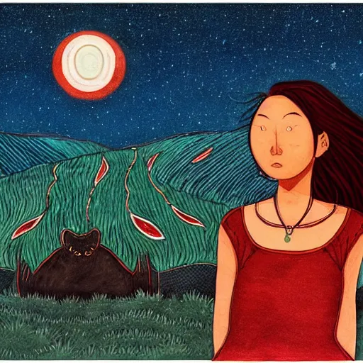 Image similar to navajo red by zeen chin, by sam bosma placid, bleak. a beautiful street art of a woman with long flowing hair, wild animals, & a dark, starry night sky.