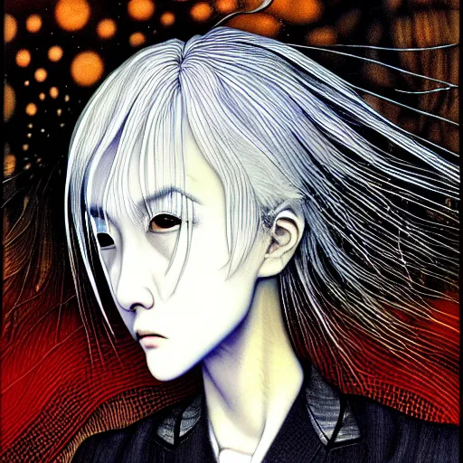 Image similar to yoshitaka amano blurred and dreamy realistic portrait of a woman with white hair and black eyes wearing dress suit with tie, junji ito abstract patterns in the background, satoshi kon anime, noisy film grain effect, highly detailed, renaissance oil painting, weird portrait angle, blurred lost edges, three quarter view