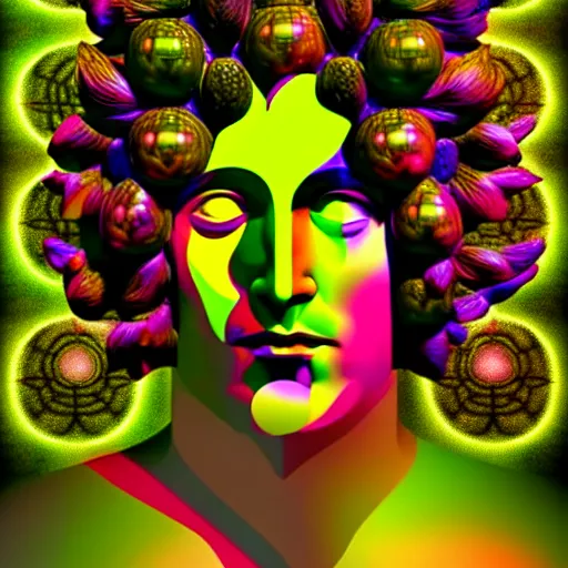 Prompt: psychedelic portrait of ecstatic god dionysus with leaves and grape in his hair, futuristic cubism, 3 d