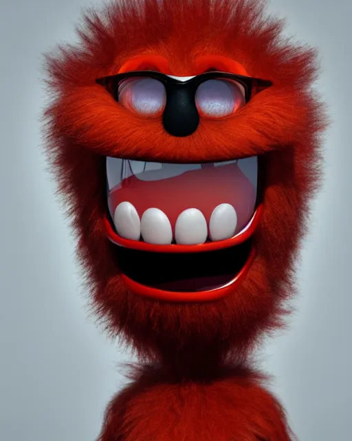 Prompt: 3 d render of completely red hairy friendly antropomorphic creature wearing chrome shades, without nose, grin, full body, standing on 2 feet, in the style of pixar, white background, unreal engine 5, octane render, highly detailed hdr