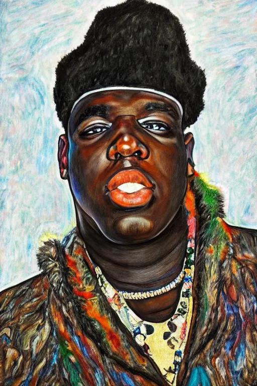 Image similar to a portrait of biggie smalls wearing boho - chic style clothes, with a fur muffler, full body!!, realistic painting in egon schiele style, masterpiece, hyperdetailed, complex, intricate, 4 k, hyperrealistic, trending on artstation