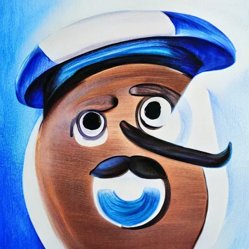 Image similar to Cute round blue robot with mustache and french beret holding a brush, portrait, photorealism