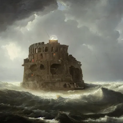 Prompt: Panorama view of a hurricane lifting ruined pieces from an ancient castle into the sky, flying island, eye of the hurricane, oil painting, by Greg Rutkowski