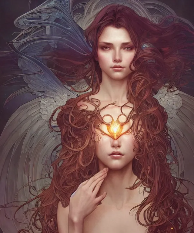 Image similar to beatiful woman is seeing an angelic version of her self, dark surrealism , scifi, intricate, elegant, highly detailed, artstation, concept art, smooth, sharp focus, illustration, art by artgerm and moebius and alphonse mucha
