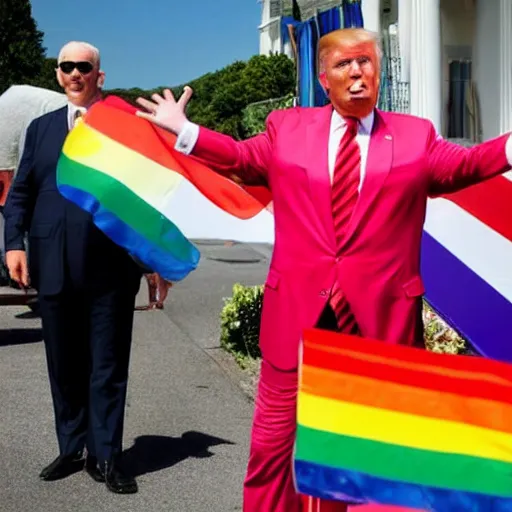 Prompt: Donald Trump wearing a dress and holding a pride flag