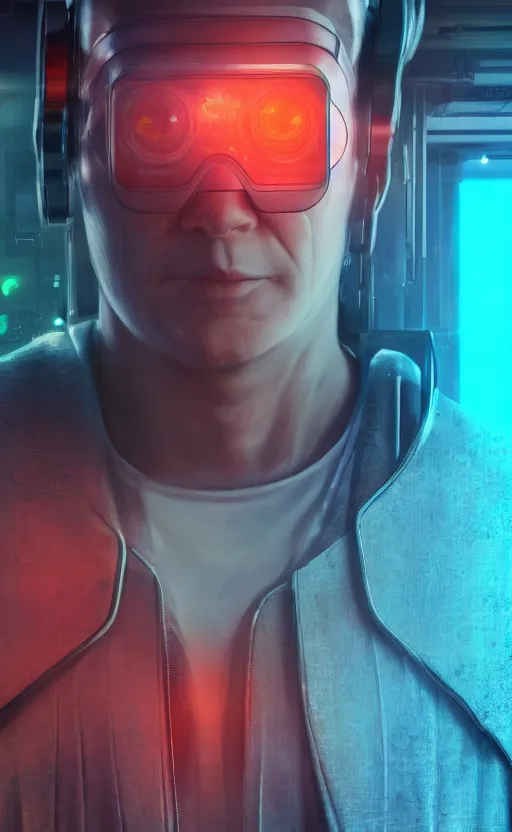 Image similar to a beautiful!! photo of a middle - aged!! bionic!! male!!, cyberpunk, augmented vision, volumetric light, photography, dystopian, extremely detailed, photorealistic!, stunning, digital art trending on artstation, orange, cyan, washed out colors