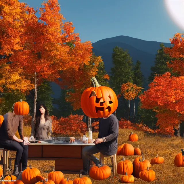 Image similar to pumpkin headed people ordering pumpkin coffee at a maple coffee stand, maple trees with fall foliage, on a mountain in new hampshire, volumetric, realistic, cinematic lighting, ray tracing, unreal engine 5, octane render, hyper realistic, photo, 8 k
