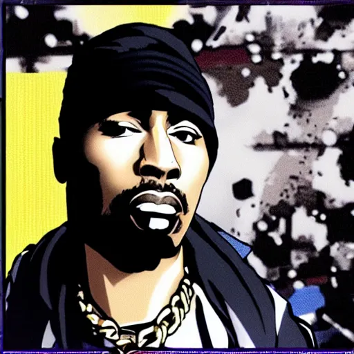 Image similar to Tupac Shakur, screenshot from a 2012s anime