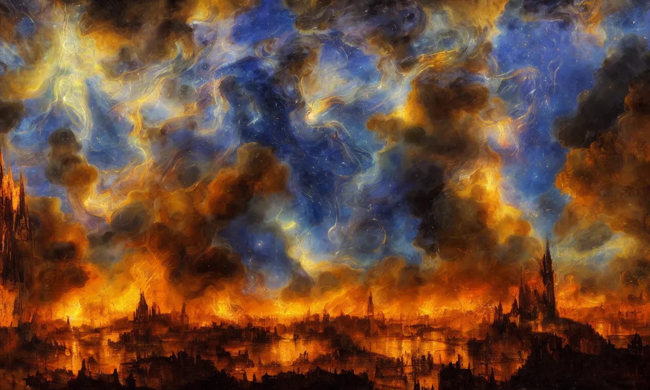 Prompt: breathtaking oil painting of a fiery medieval city landscape with moody dark tumultuous clouds, palette knife, at blue dawn with strokes of light and golden petals flying, galaxy and cosmos nebulae, art nouveau cathedral on the shore, rembrandt style, concept art, matte, by georgia hart,