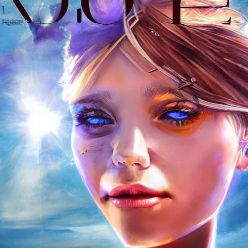 Prompt: sci - fi, morning, smiling fashion model face, sun, cinematic, clouds, sun rays, vogue cover style, poster art, blue mood, realistic painting, intricate oil painting, high detail illustration, sharp high detail, manga and anime 1 9 9 9