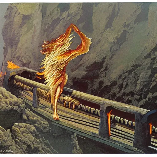 Image similar to Highly detailed oil painting of a fire hellhound on a narrow rock bridge, underground, intricate artwork by Angus McBride, John Howe, Matthew Stewart, Ted Nasmith, heroic fantasy