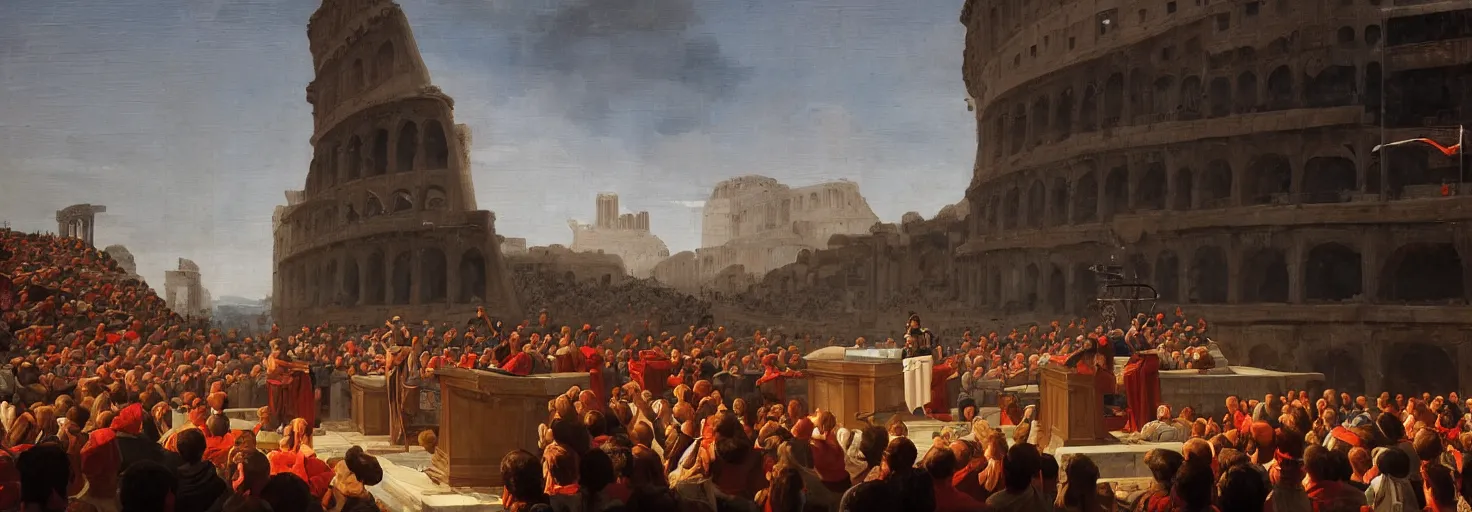 Prompt: an awe - inspiring raphael lacoste and noah bradley landscape painting of a roman emperor giving a speech to a massive crowd on a podium inside of the coliseum