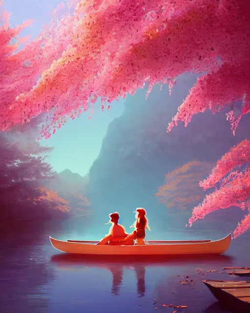 Image similar to a couple in a rowboat traveling down the river | cherry - blossoms | highly detailed | very intricate | serene romantic fantasy whimsical magical | soft bright natural morning light | pixar | award - winning | matte painting by anton fadeev and paul lehr and rhads and alena aenami | pastel color palette | featured on artstation