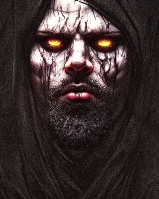 Image similar to realistic wide angle portrait of a dark bishop, dark magic, heroic pose, beautiful face, full body, dramatic lighting, dark and horror, dust and blood, intricate, wild, highly detailed, digital painting, artstation, concept art, smooth, sharp focus, illustration, art by artgerm and greg rutkowski and alphonse mucha, footage from space camera