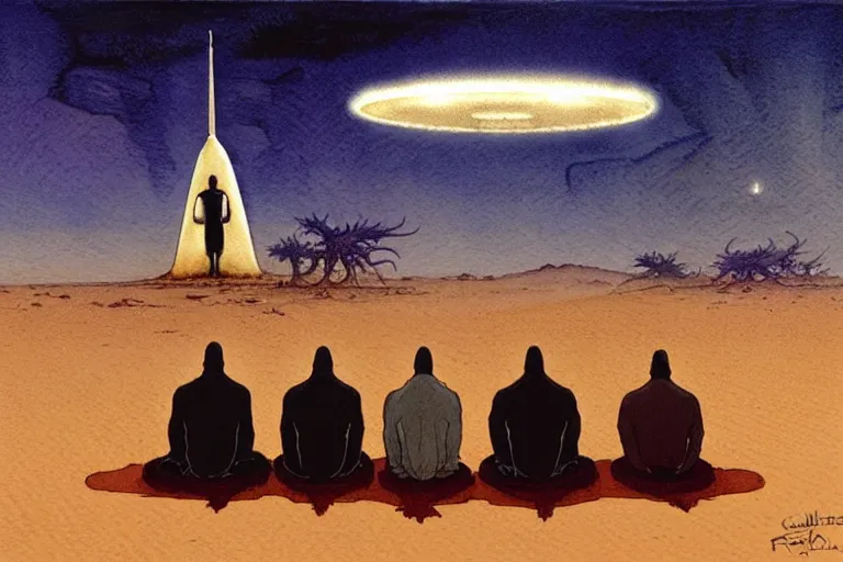 Image similar to a hyperrealist watercolour character concept art portrait of a group of middle eastern men kneeling down in prayer in front of a giant alien on a misty night in the desert. a ufo is in the background. by rebecca guay, michael kaluta, charles vess and jean moebius giraud