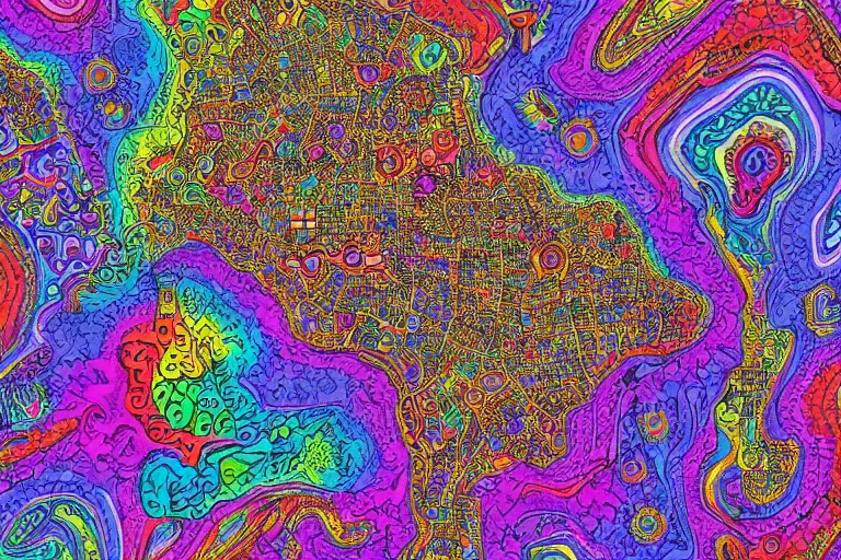 Prompt: Map of a psychedelic realm highly detailed, full color