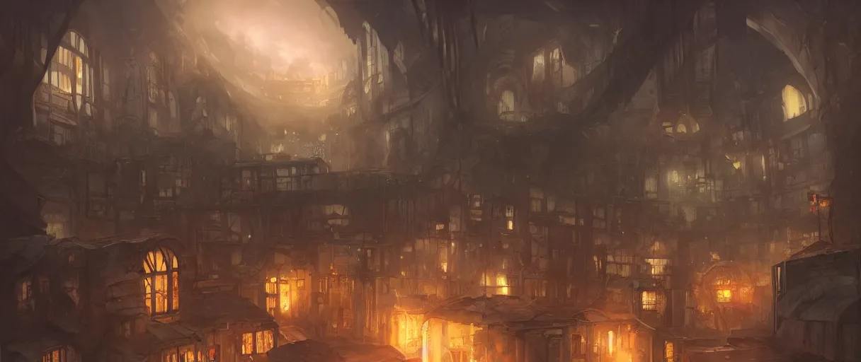 Prompt: ramshackle village built around large dome, concept art, digital painting, style of jordan grimmer, warm lighting, futuristic, volumetric lighting, view from below,dark, nighttime, godrays, high detail