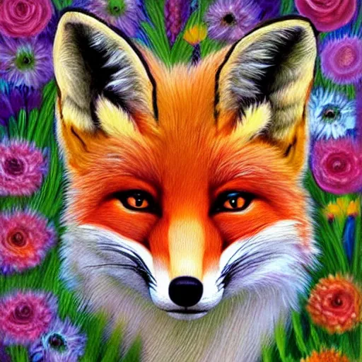 Image similar to portrait of a fox made of flowers, fantasy art, trending on artstation, beautiful art, intricate, elegant, highly detailed, digital painting