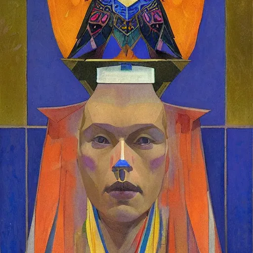 Image similar to the raven crown, by Annie Swynnerton and Nicholas Roerich and Diego Rivera, blue skin, elaborate costume, geometric ornament, rich color, dramatic cinematic lighting, smooth, sharp focus, extremely detailed