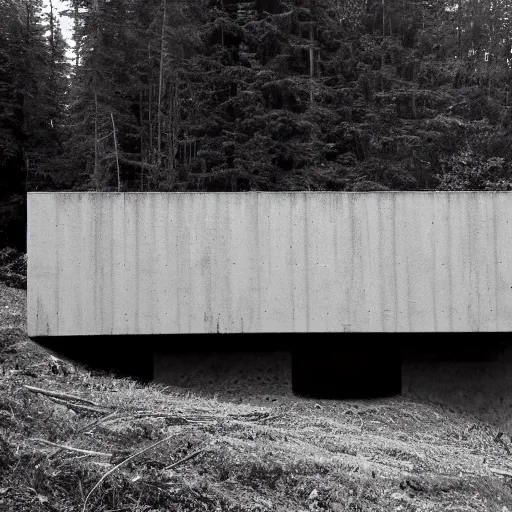 Prompt: featureless, red, completely smooth concrete cubic structure found in a clearing of a forest in rural washington, overcast, fog, documentary still 2 0 0 7