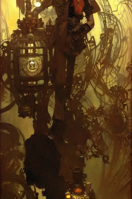 Image similar to attractive man, steampunk style, painting by gaston bussiere, craig mullins, greg rutkowski, alphonse mucha