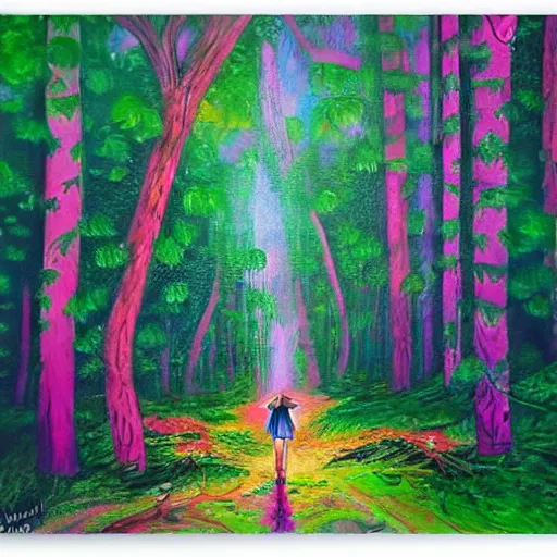 Image similar to a pink mage walking through a lush psychedelic forest, oil painting, by martin wiegand