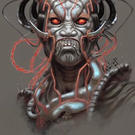 Prompt: portrait, cyberpunk japanese oni demon with horns and circuitry, augmented, stern expression, long hair, highly detailed, digital painting, artstation, concept art, smooth, sharp focus, illustration, artgerm, tomasz alen kopera, peter mohrbacher, donato giancola, joseph christian leyendecker, wlop, frank frazetta