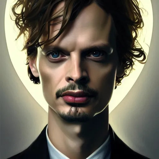 Image similar to symmetry portrait of matthew gray gubler, intricate, elegant, highly detailed, digital painting, artstation, concept art, smooth, sharp focus, illustration, art by artgerm and greg rutkowski and alphonse mucha