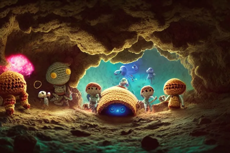 Image similar to an expedition of crochet astronauts discovering a mysterious cave underwater. cute, illustration, digital art, inspired by little big planet, by greg rutkowski, detailed, sharp, masterpiece, highly detailed, photorealistic, octane render, 8 k, unreal engine 5, trending on artstation, vivid colors