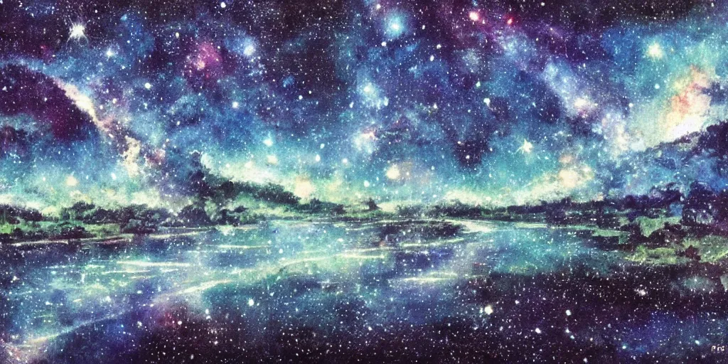 Prompt: stunning river landscape with sky full of galaxies by posuka demizu