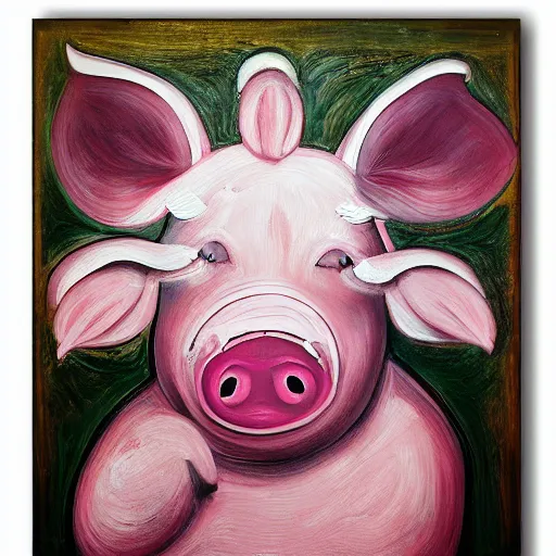 Image similar to “pig paintings and pig sculptures in a pig art gallery, pork, ikebana white flowers, white wax, pink wax, squashed berries, acrylic and spray paint and oilstick on canvas, by munch and Dali”