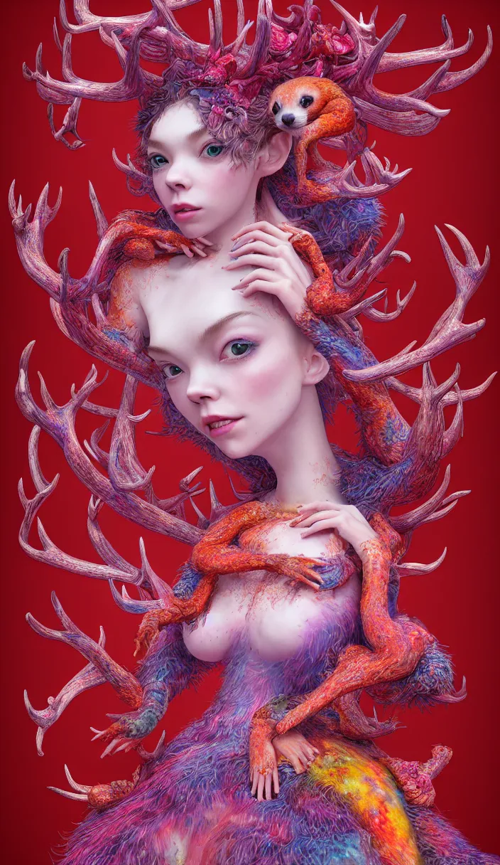 Image similar to hyper detailed 3d render like a Oil painting - kawaii full body portrait Aurora (a lithe beautiful ferret queen like skesis that looks like Anya Taylor-Joy with hooves and antlers) seen red carpet photoshoot in UVIVF posing in scaly dress to Eat of the Strangling network of yellowcake aerochrome and milky Fruit and His delicate Hands hold of gossamer polyp blossoms bring iridescent fungal flowers whose spores black the foolish stars by Jacek Yerka, Ilya Kuvshinov, Mariusz Lewandowski, Houdini algorithmic generative render, Abstract brush strokes, Masterpiece, Edward Hopper and James Gilleard, Zdzislaw Beksinski, Mark Ryden, Wolfgang Lettl, hints of Yayoi Kasuma, octane render, 8k