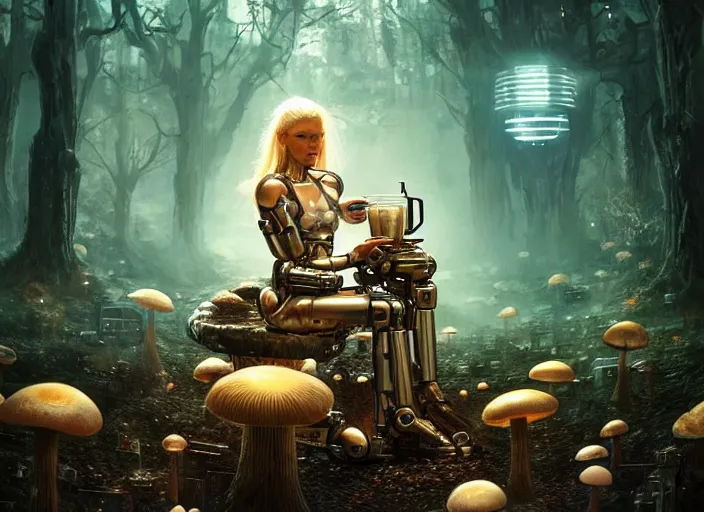 Image similar to photo of an intricate and sophisticated terminator woman with borg enhancements, blonde hair and detailed pretty face sitting on a giant mushroom in a weird magical mechanical forest and drinking a cup of tea. Very detailed 8k. Fantasy cyberpunk horror. Sharp.