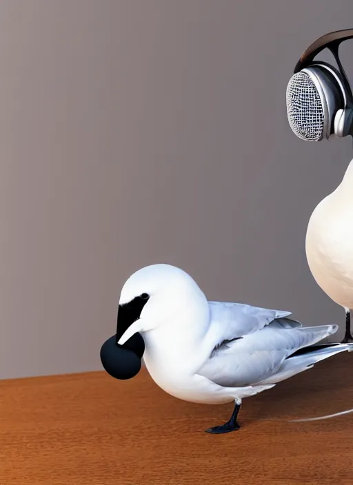 Image similar to arctic tern and seagull with headphones on their heads in front of a microphone recording a podcast in the studio, illustration, 8 k